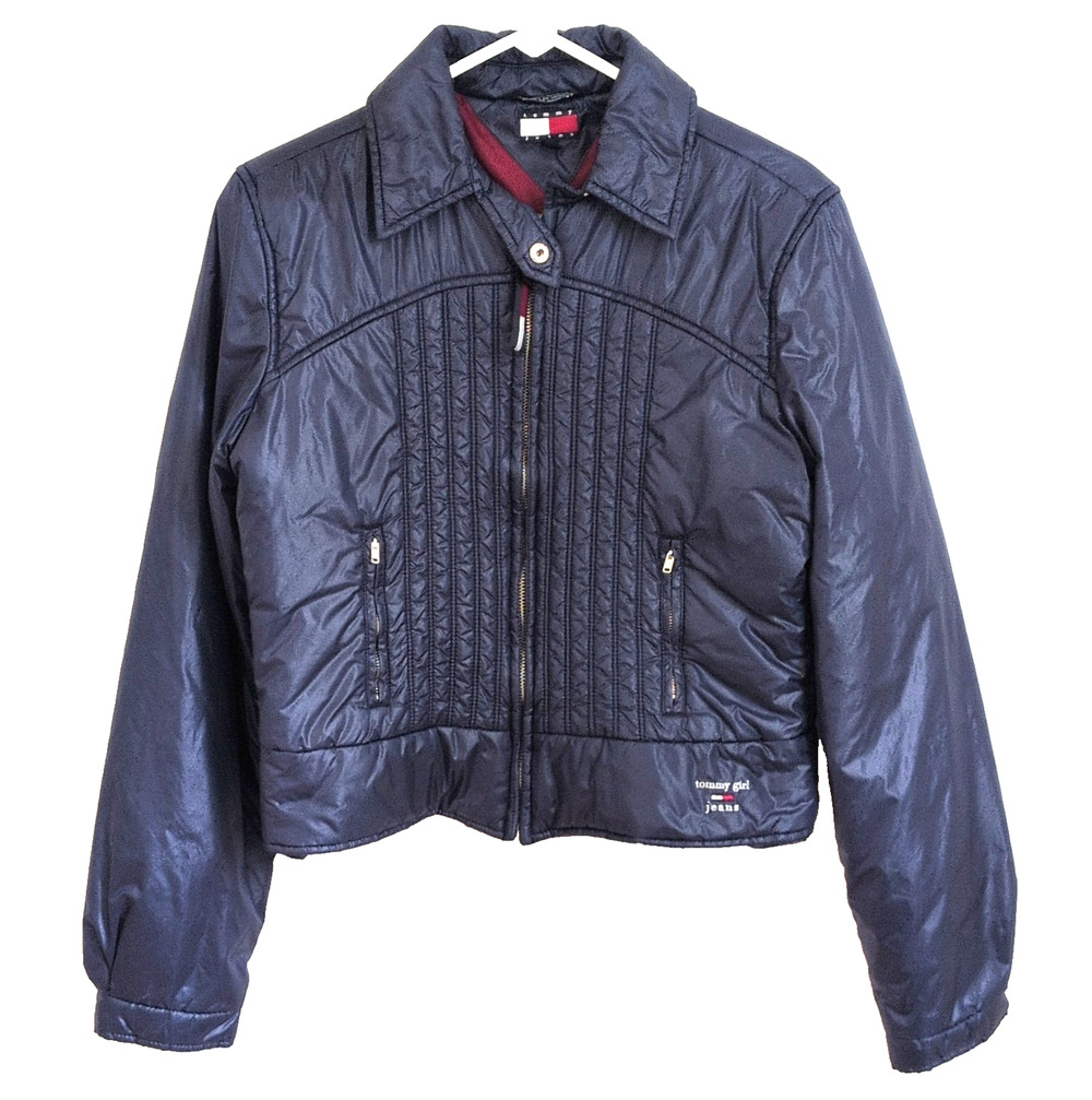 Tommy Hilfiger Vintage Navy/Red Quilted Jacket Cropped Y2K Girls L/Women's XS